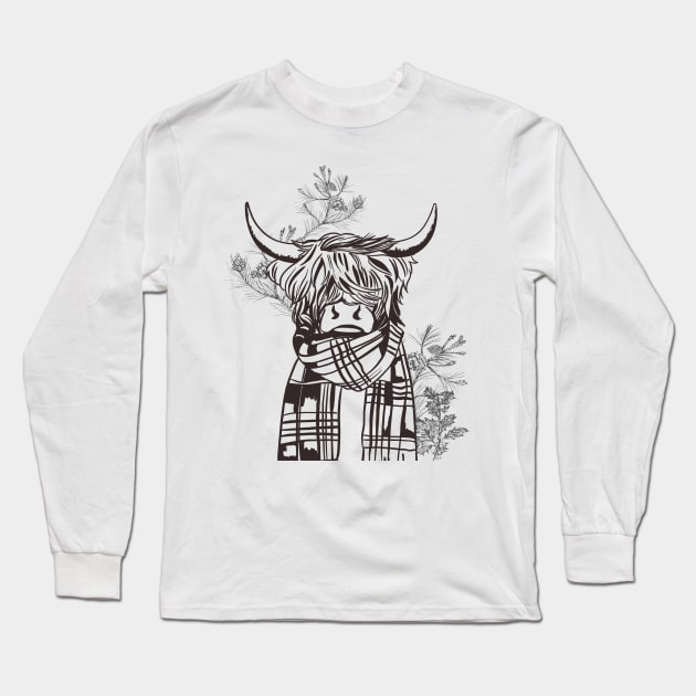 Christmas Tree Patterns And Scottish Highland Cow Long Sleeve T-Shirt by i am Cuta